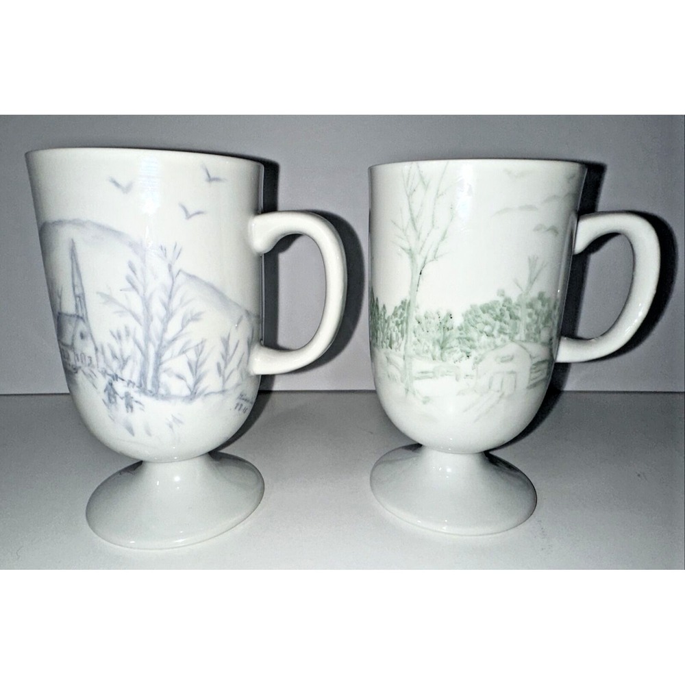 Pair of Hand-Painted‎ Landscape Scene Mugs Blue/Green – Signed Ginnia